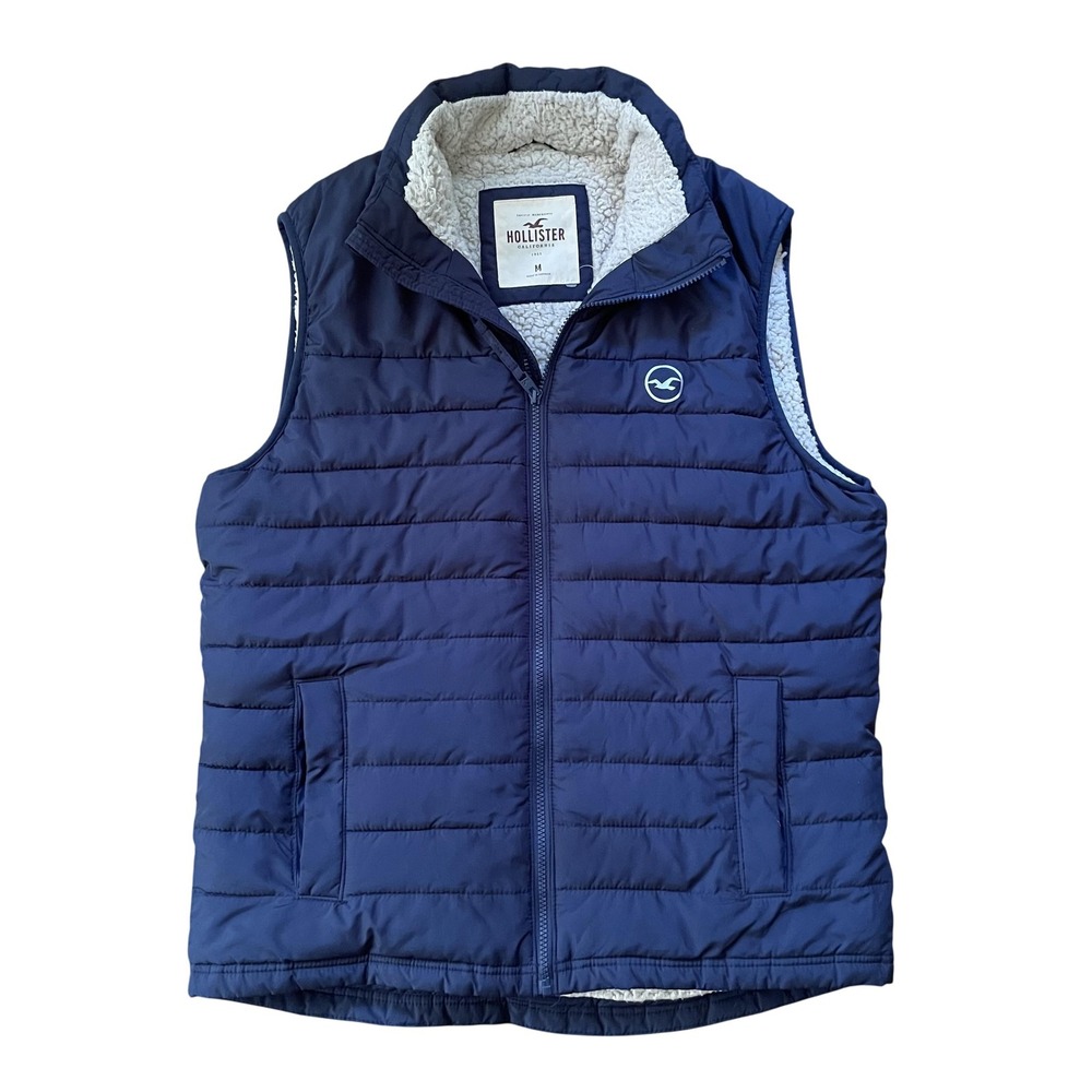 Hollister Puffer Vest Mens Medium Sherpa Lined Navy Blue Zip up Winter Jacket